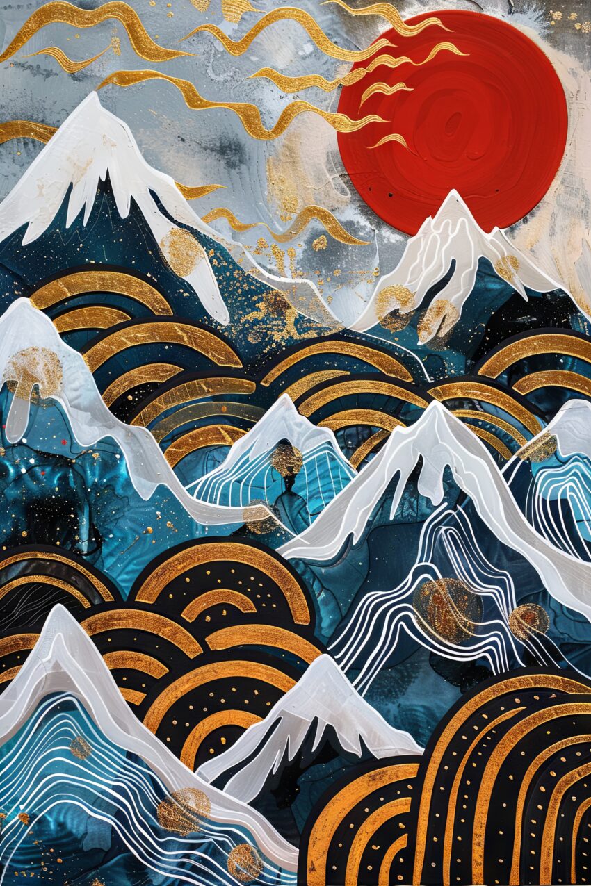 Abstrakt Poster Berge rote Sonne gold blau