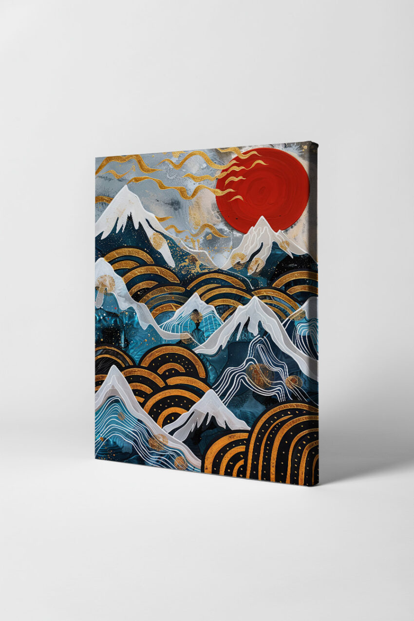 Abstrakt Poster Berge rote Sonne gold blau