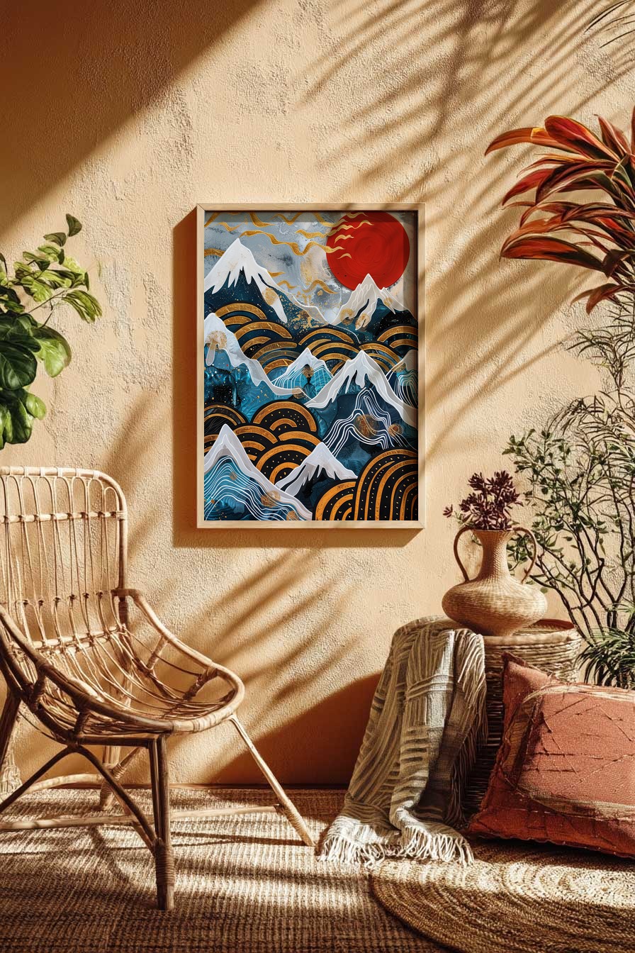 Abstrakt Poster Berge rote Sonne gold blau