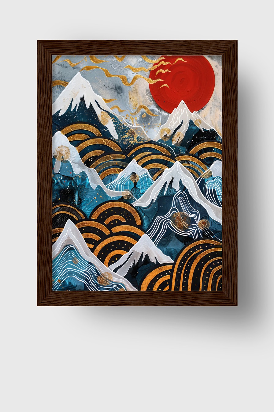 Abstrakt Poster Berge rote Sonne gold blau
