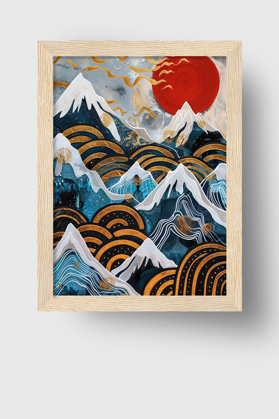 Abstrakt Poster Berge rote Sonne gold blau