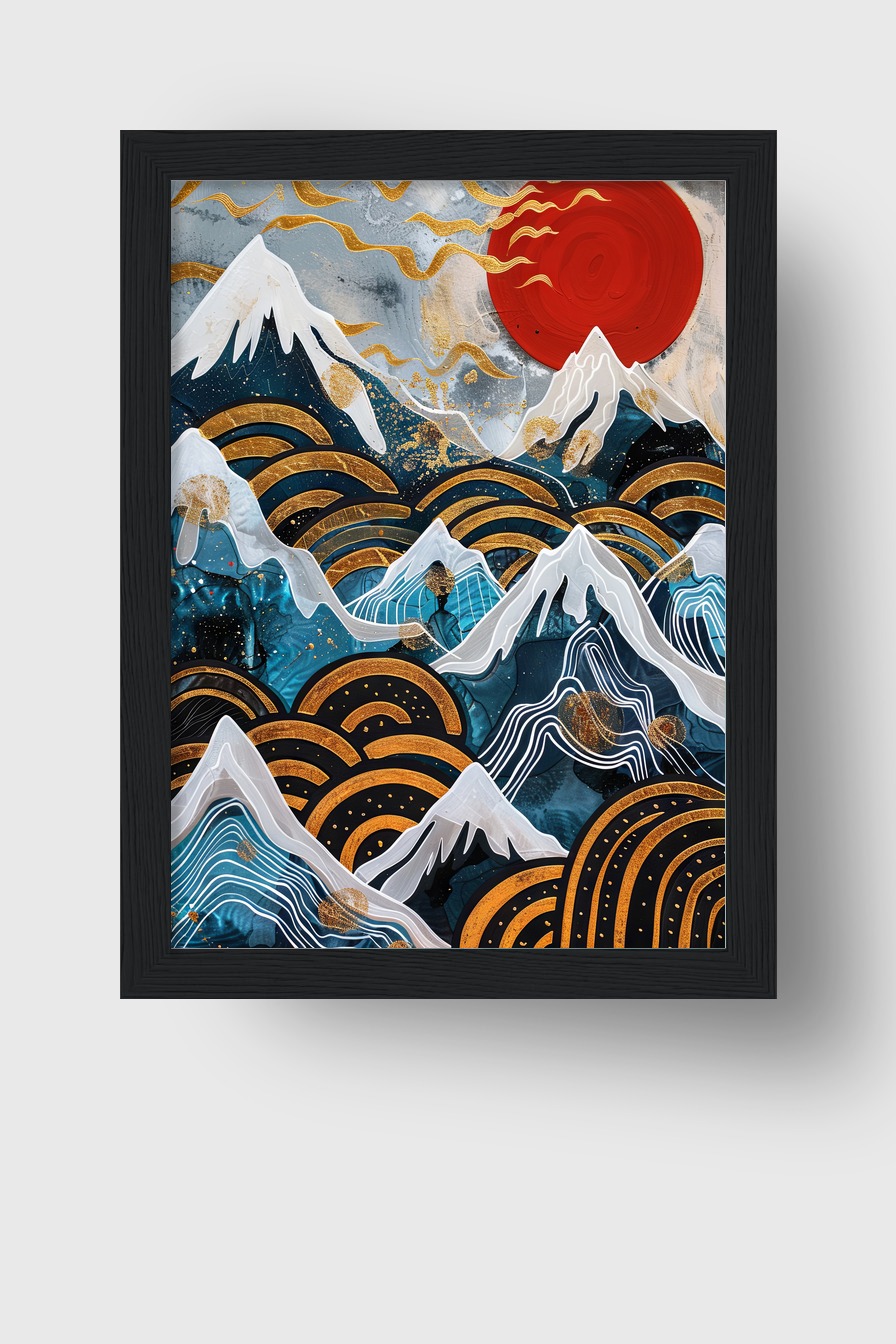 Abstrakt Poster Berge rote Sonne gold blau