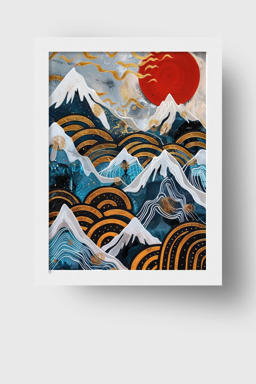 Abstrakt Poster Berge rote Sonne gold blau