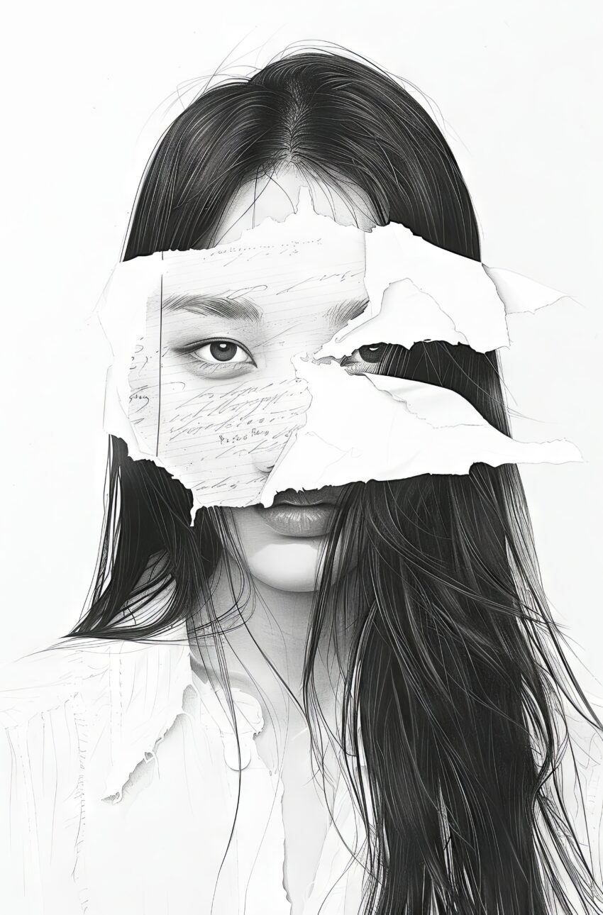 Illustration Poster Frau Papierfragmente schwarz-weiß minimalistisch