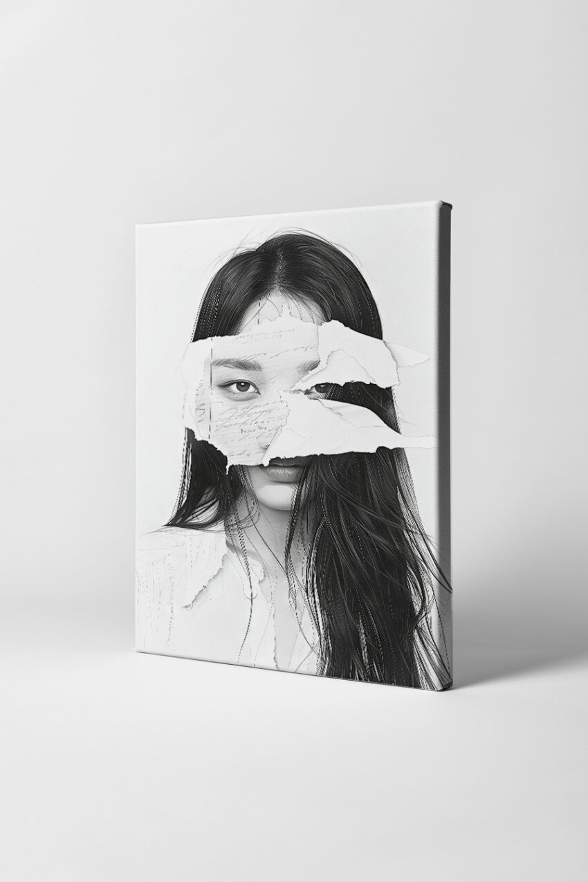 Illustration Poster Frau Papierfragmente schwarz-weiß minimalistisch