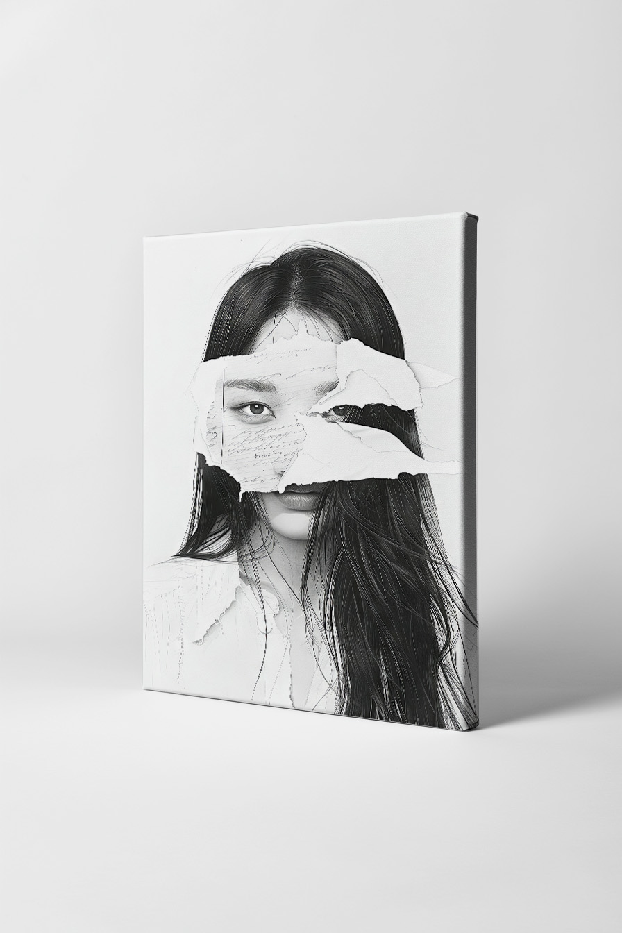 Illustration Poster Frau Papierfragmente schwarz-weiß minimalistisch