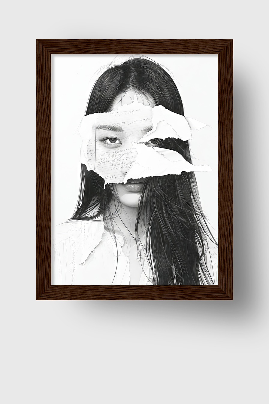 Illustration Poster Frau Papierfragmente schwarz-weiß minimalistisch