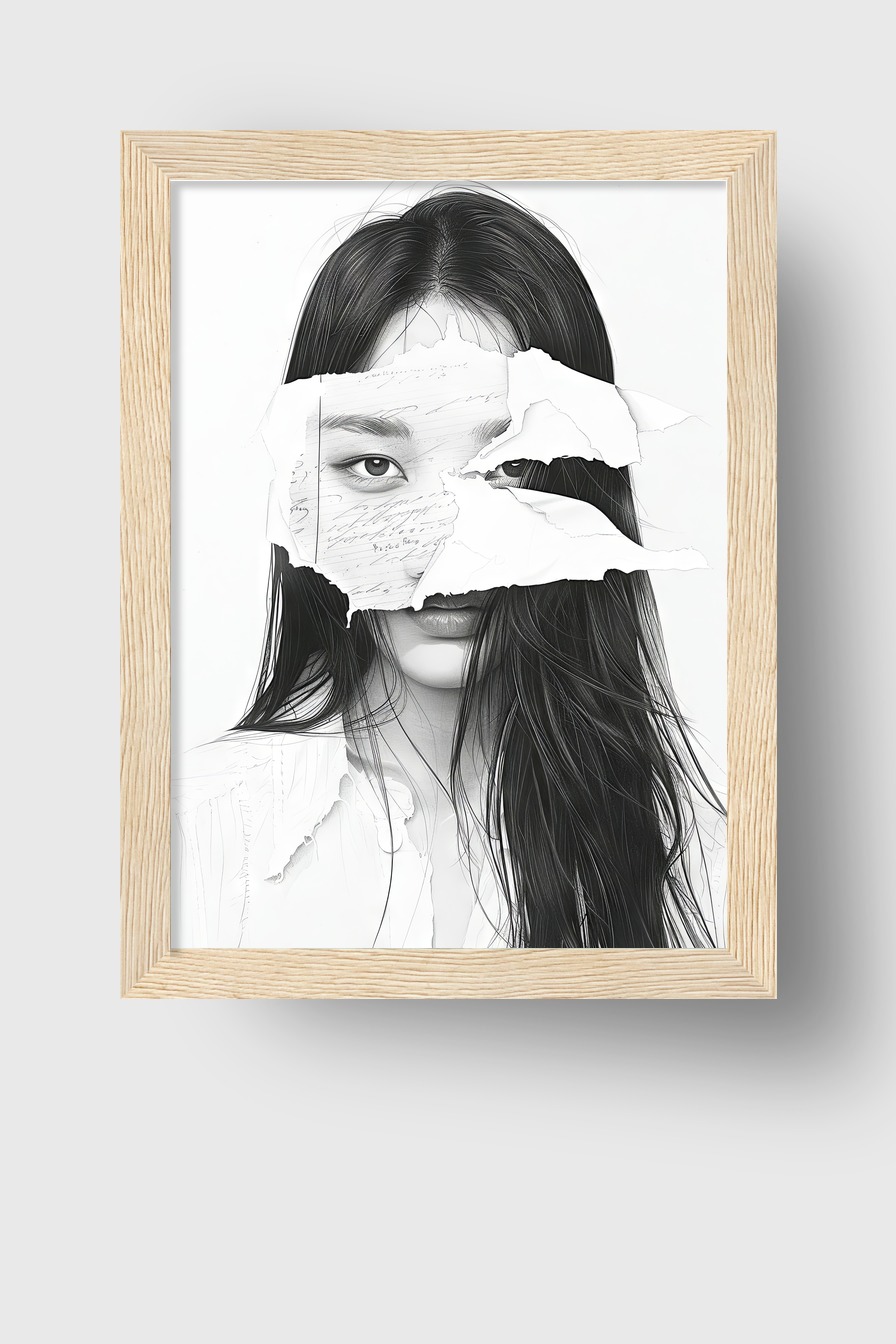 Illustration Poster Frau Papierfragmente schwarz-weiß minimalistisch