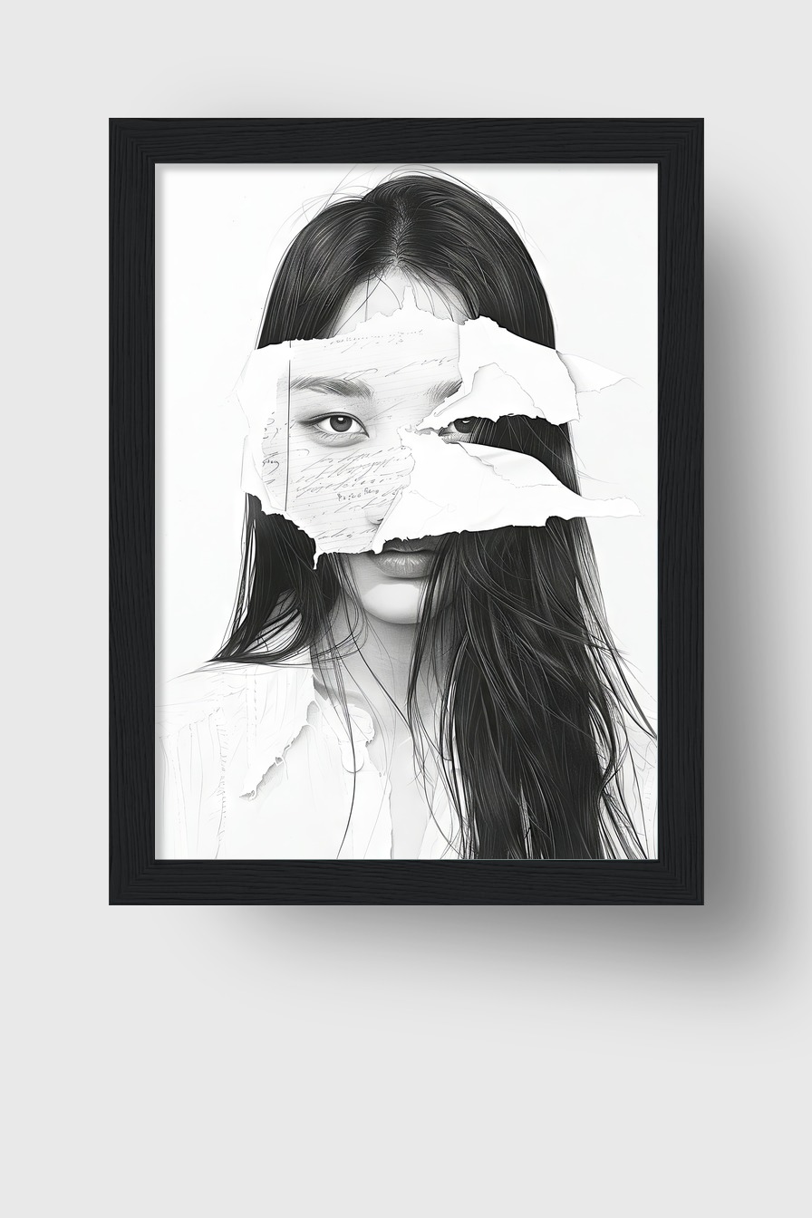 Illustration Poster Frau Papierfragmente schwarz-weiß minimalistisch