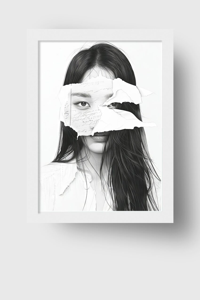 Illustration Poster Frau Papierfragmente schwarz-weiß minimalistisch