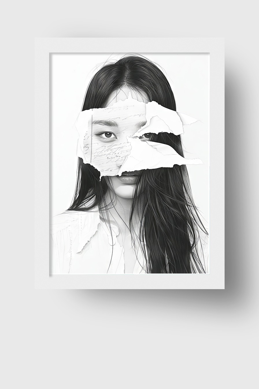 Illustration Poster Frau Papierfragmente schwarz-weiß minimalistisch
