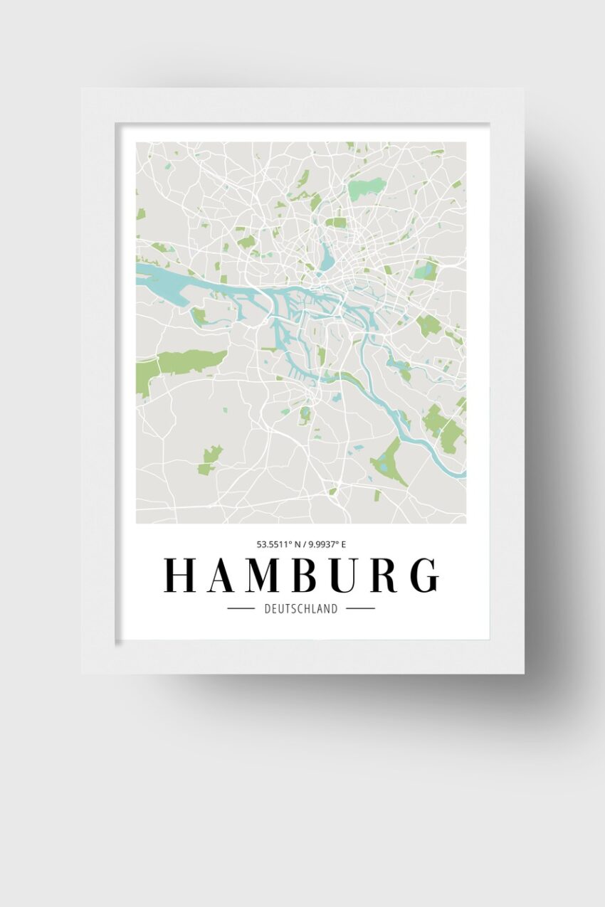 Minimalistisch Poster Stadtkarte Hamburg blau grün grau