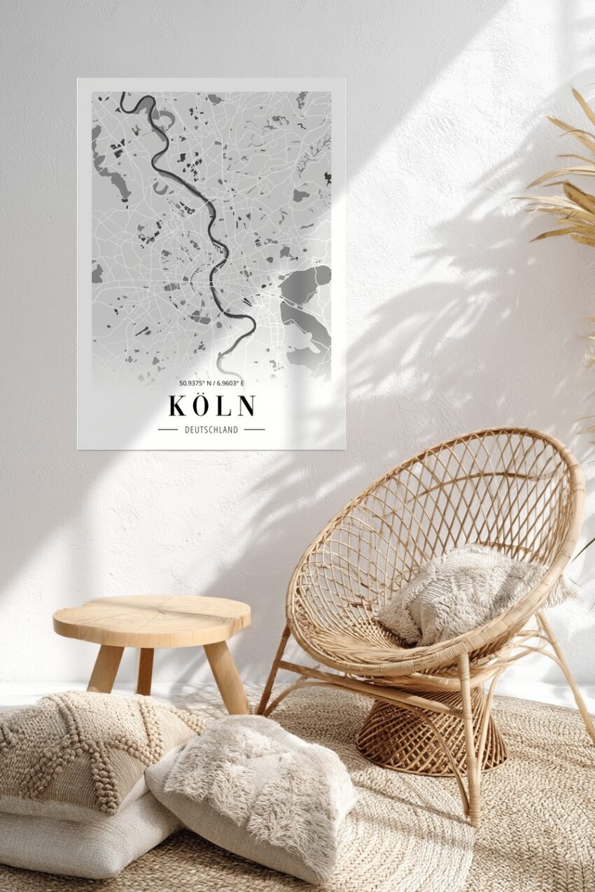 Minimalistisches Poster Stadtkarte Köln schwarz-weiß Flussverlauf