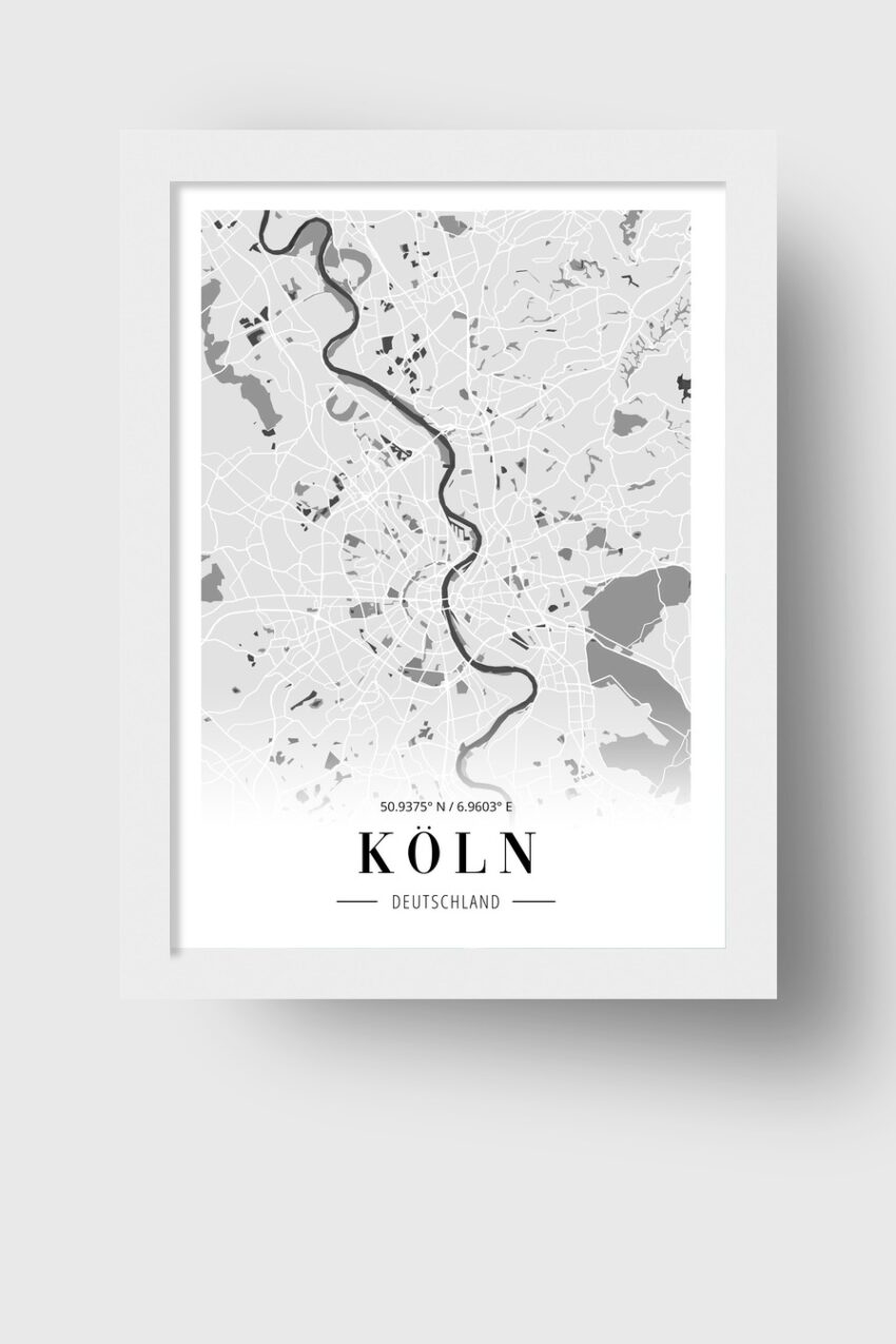 Minimalistisches Poster Stadtkarte Köln schwarz-weiß Flussverlauf