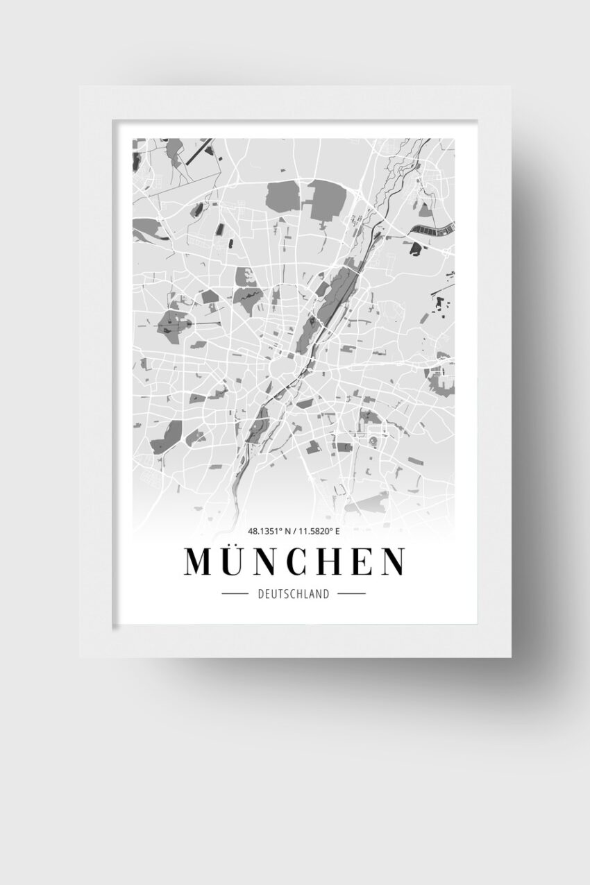 Minimalistisch Poster Stadtplan München grau weiß