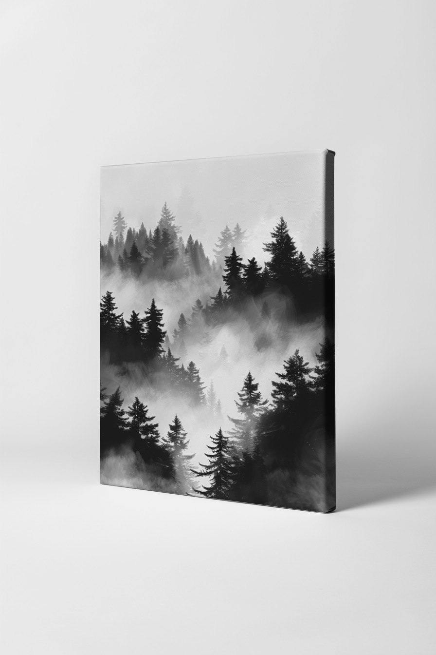 Grafik Poster Nebelwald schwarz-weiß Tannenwald