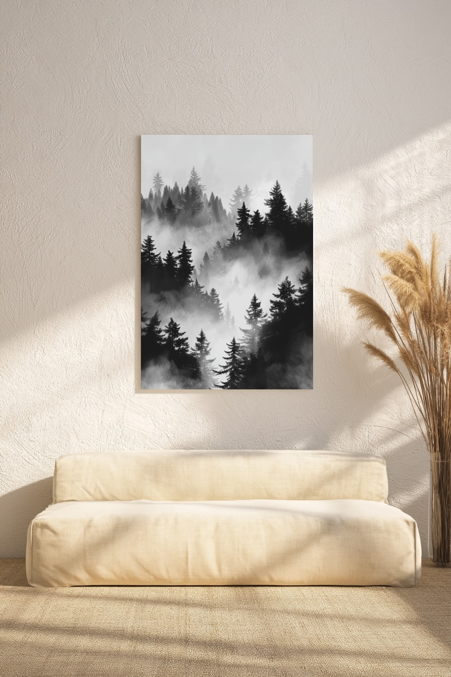 Grafik Poster Nebelwald schwarz-weiß Tannenwald