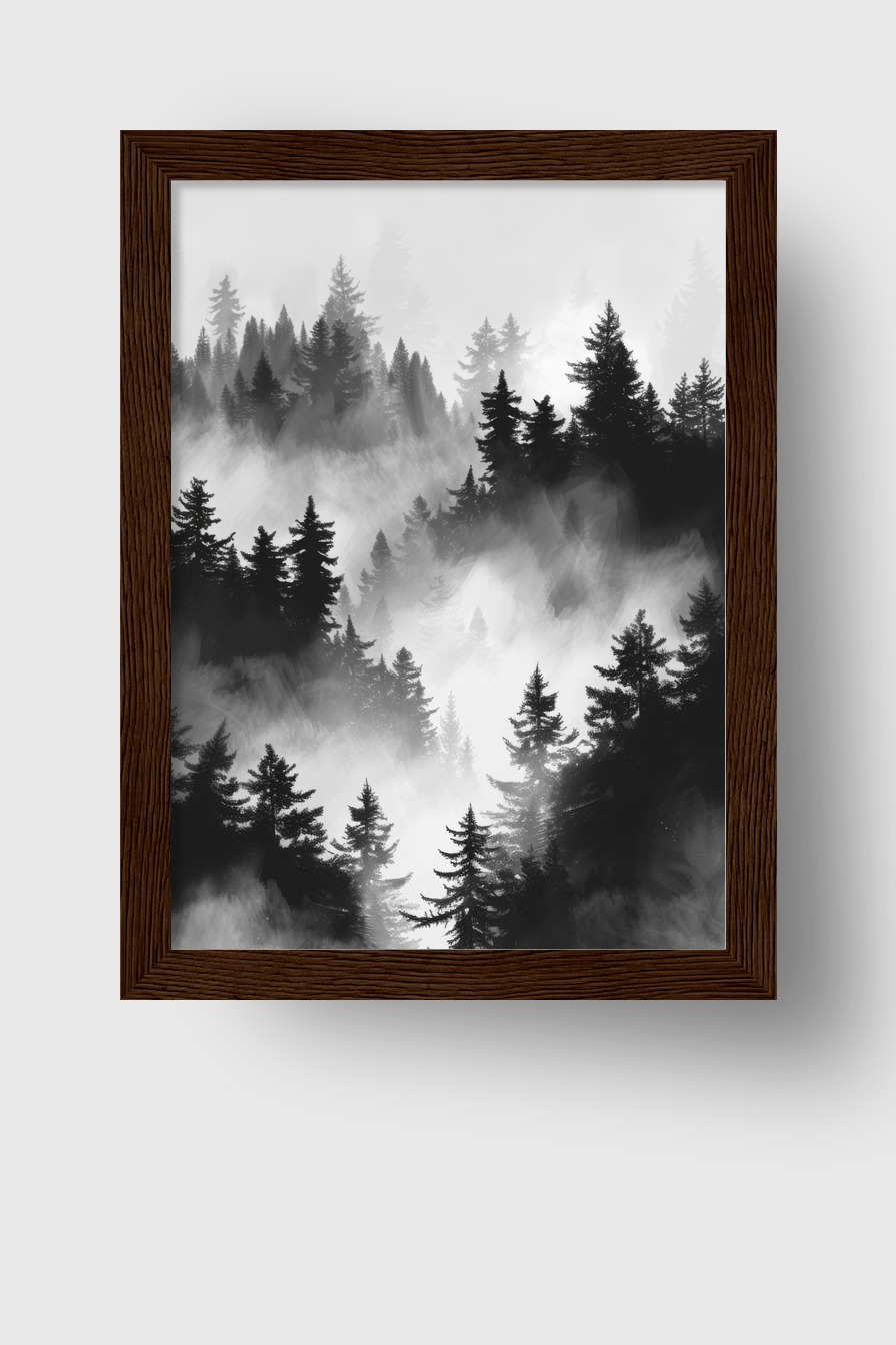 Grafik Poster Nebelwald schwarz-weiß Tannenwald