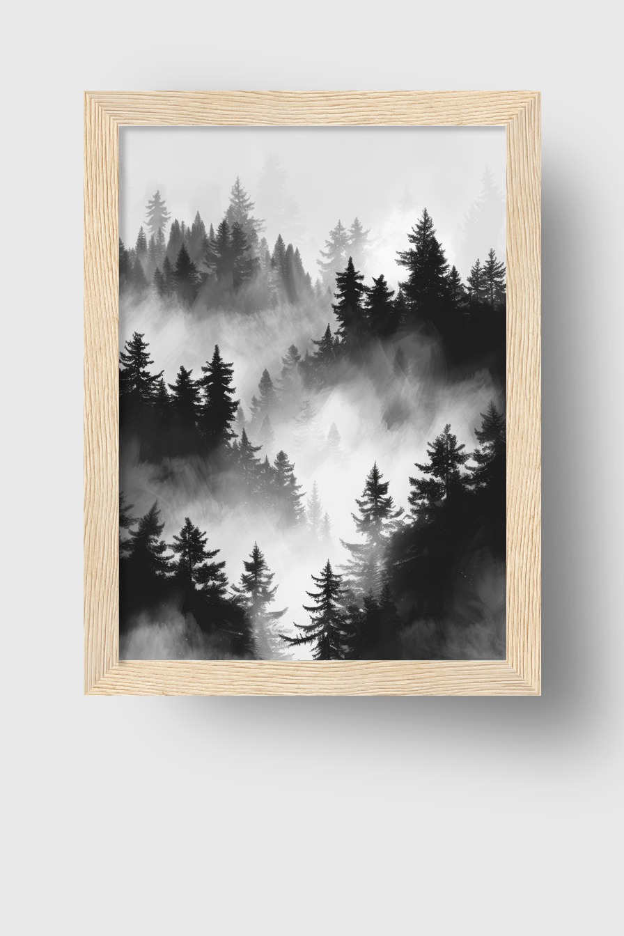 Grafik Poster Nebelwald schwarz-weiß Tannenwald