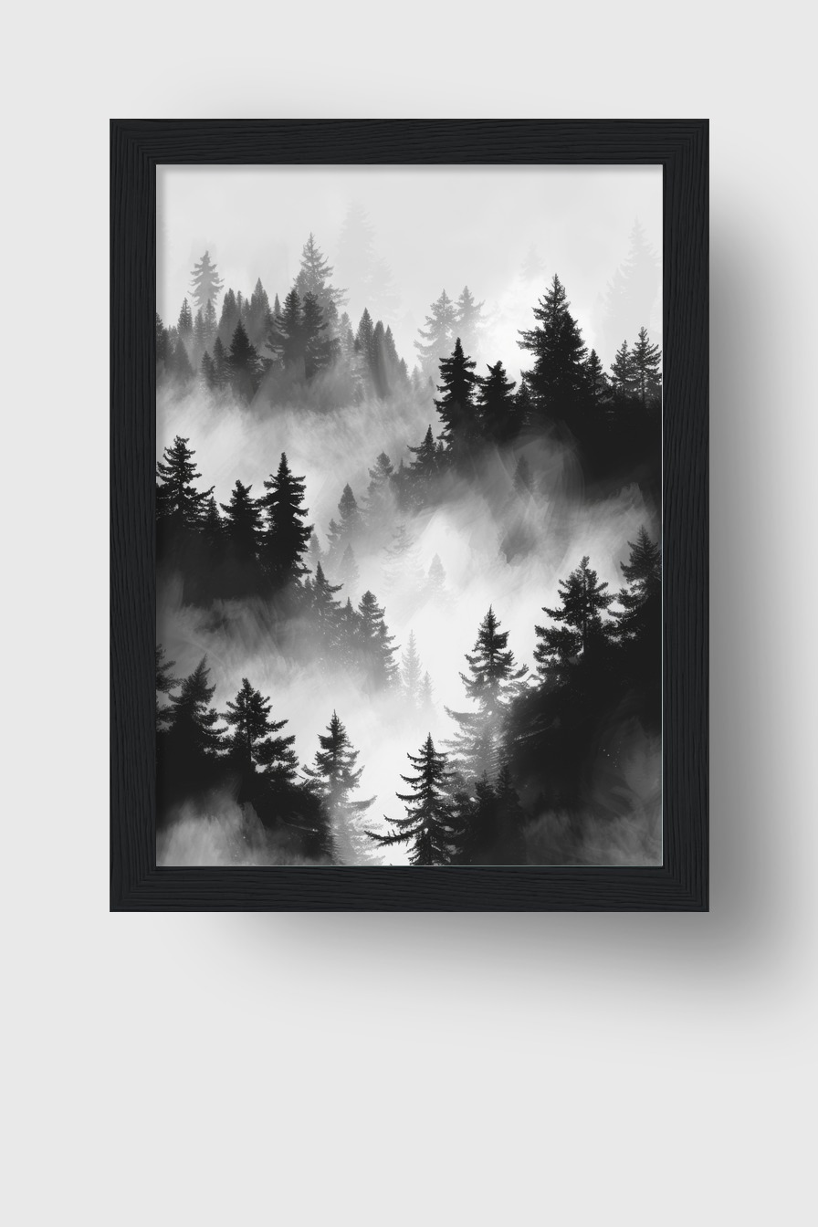 Grafik Poster Nebelwald schwarz-weiß Tannenwald