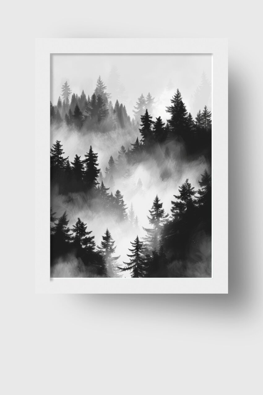 Grafik Poster Nebelwald schwarz-weiß Tannenwald