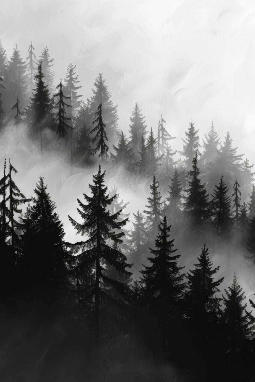 Illustration Poster Tannenwald Nebel schwarz-weiß neblig