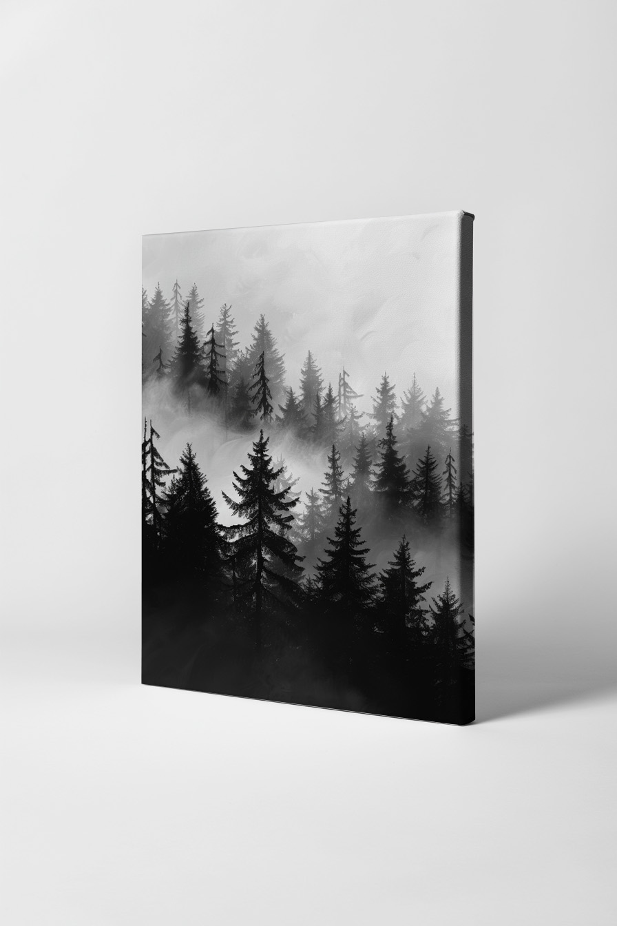 Illustration Poster Tannenwald Nebel schwarz-weiß neblig