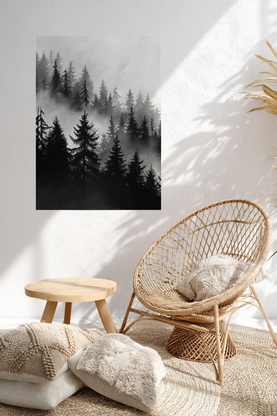 Illustration Poster Tannenwald Nebel schwarz-weiß neblig