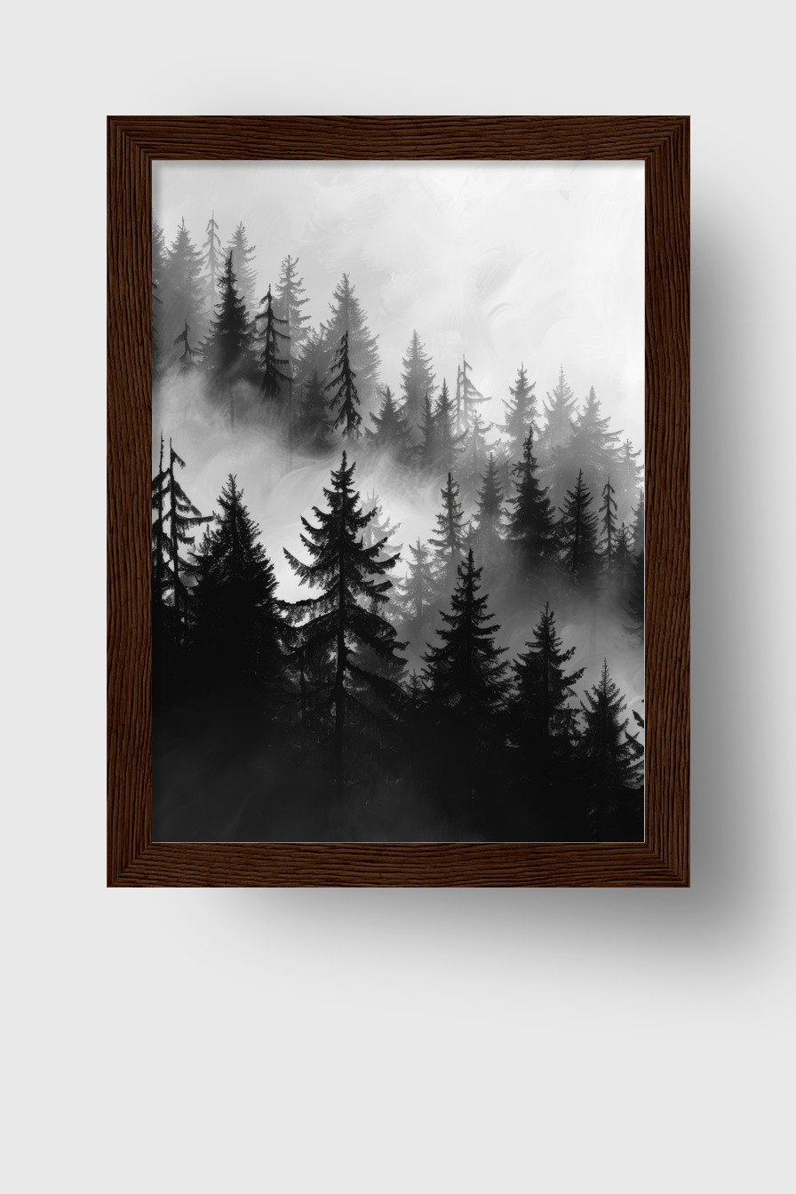 Illustration Poster Tannenwald Nebel schwarz-weiß neblig