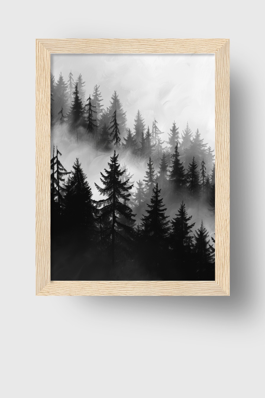 Illustration Poster Tannenwald Nebel schwarz-weiß neblig