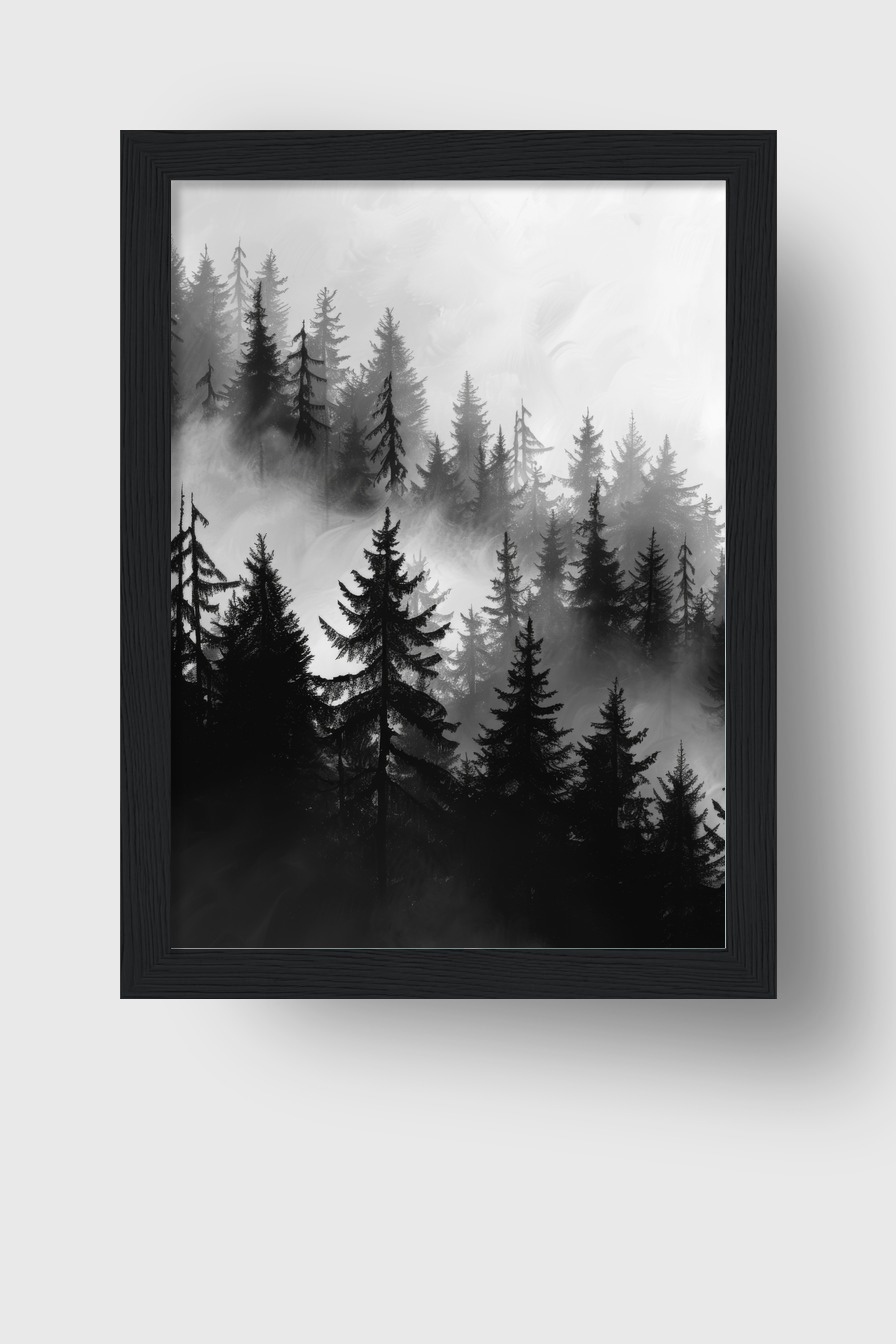 Illustration Poster Tannenwald Nebel schwarz-weiß neblig