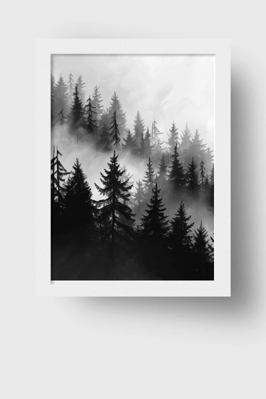 Illustration Poster Tannenwald Nebel schwarz-weiß neblig