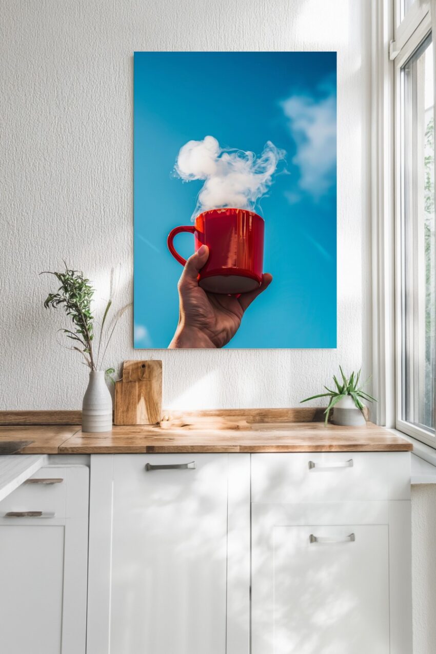 Fotografie Poster Tasse Dampf rot blau