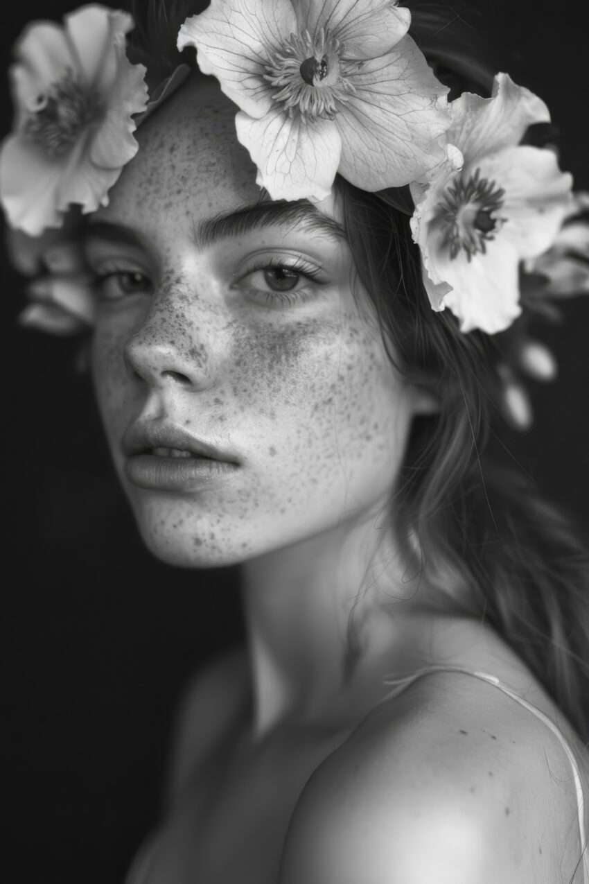 Fotografie Poster Frau Blumenkranz schwarz-weiß intensiv