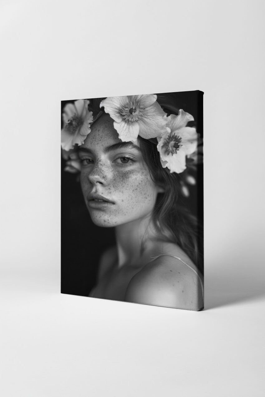 Fotografie Poster Frau Blumenkranz schwarz-weiß intensiv