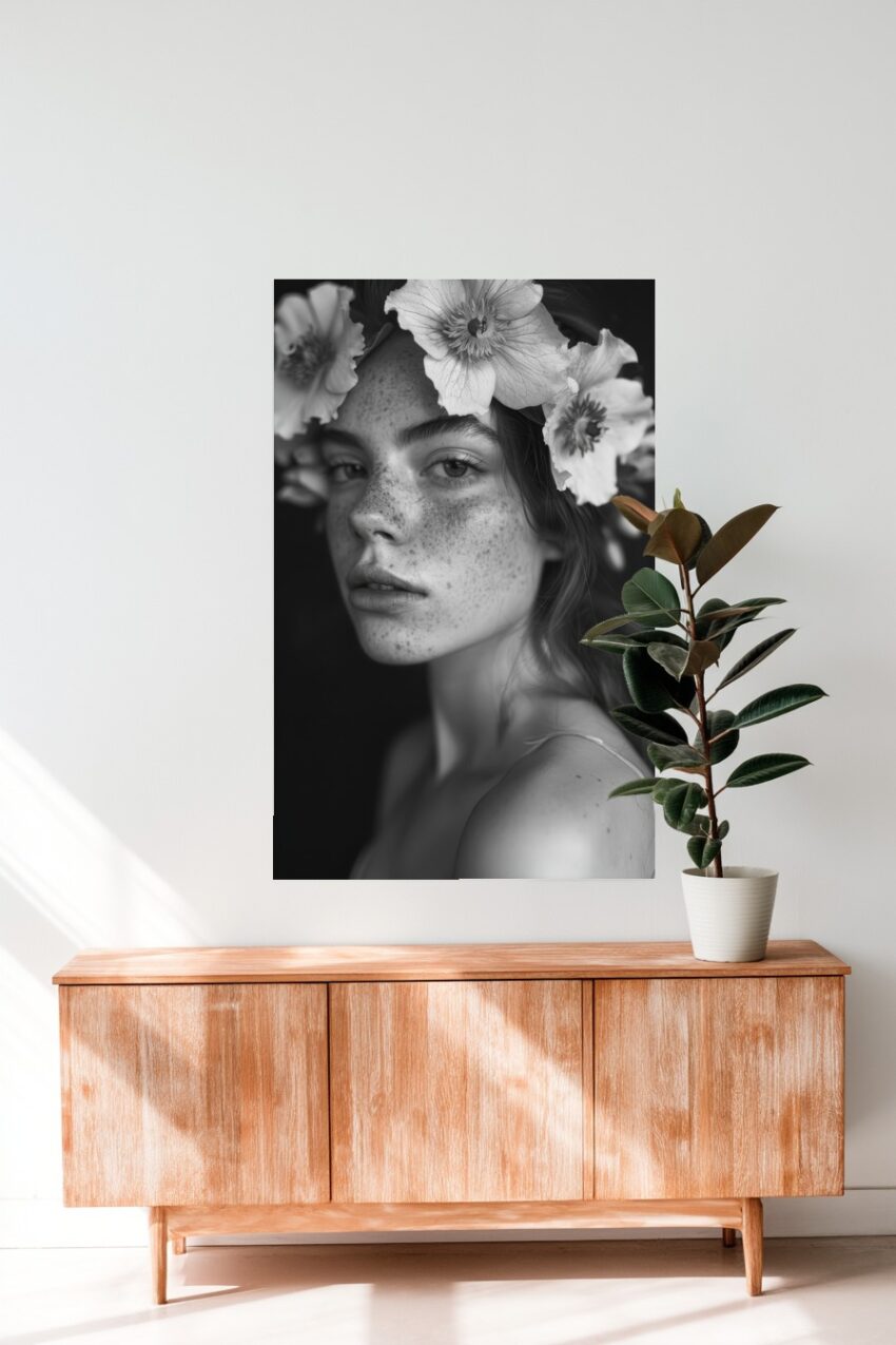 Fotografie Poster Frau Blumenkranz schwarz-weiß intensiv