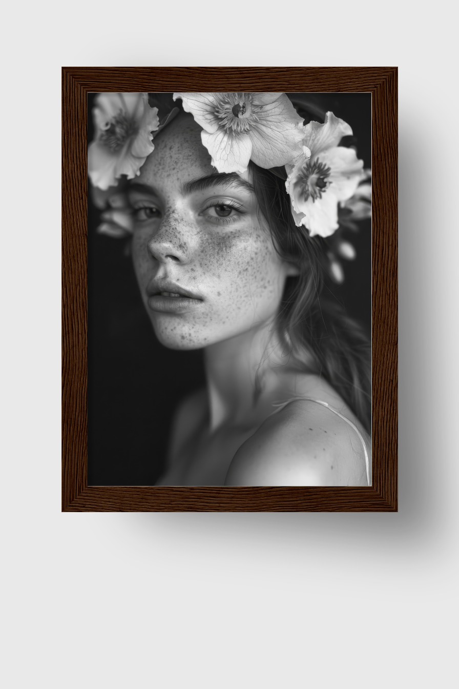 Fotografie Poster Frau Blumenkranz schwarz-weiß intensiv