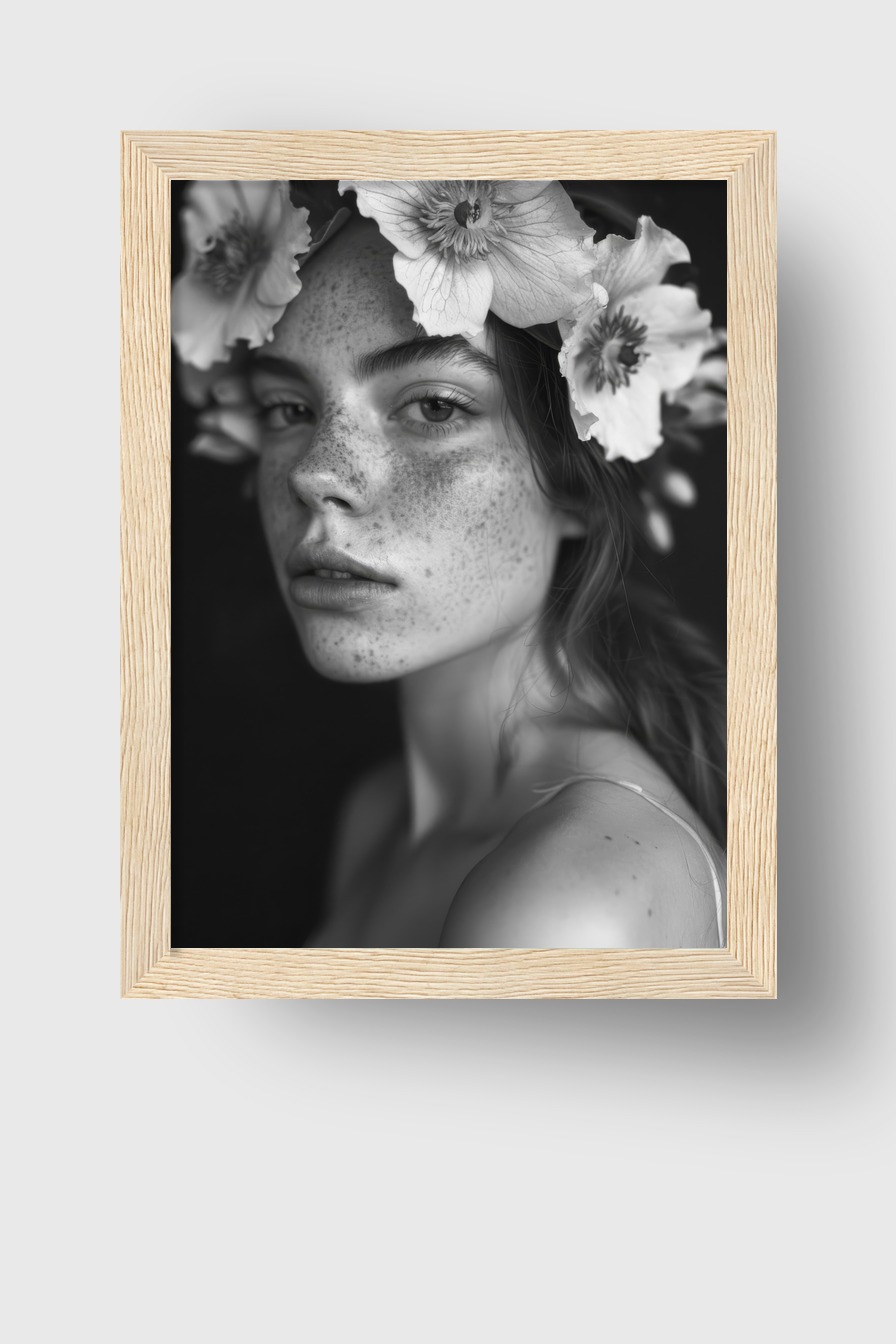 Fotografie Poster Frau Blumenkranz schwarz-weiß intensiv
