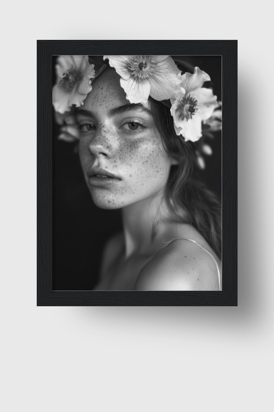 Fotografie Poster Frau Blumenkranz schwarz-weiß intensiv