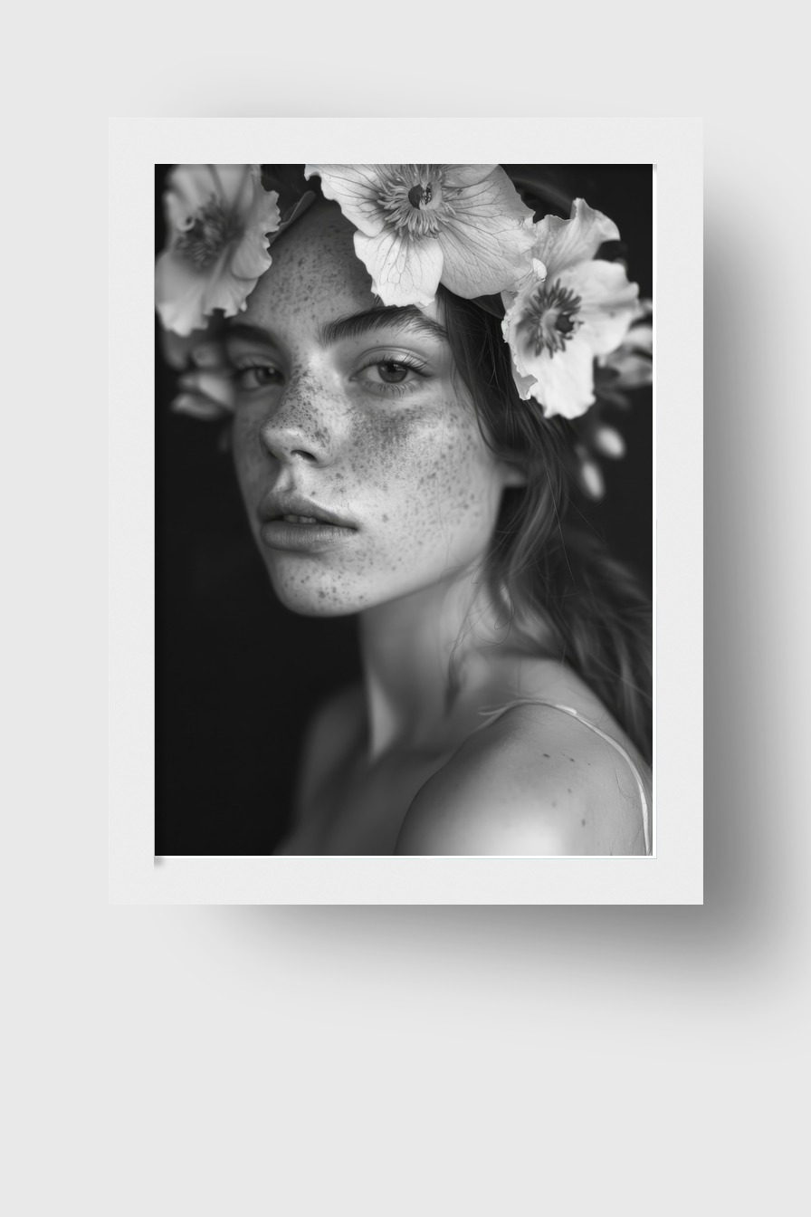 Fotografie Poster Frau Blumenkranz schwarz-weiß intensiv