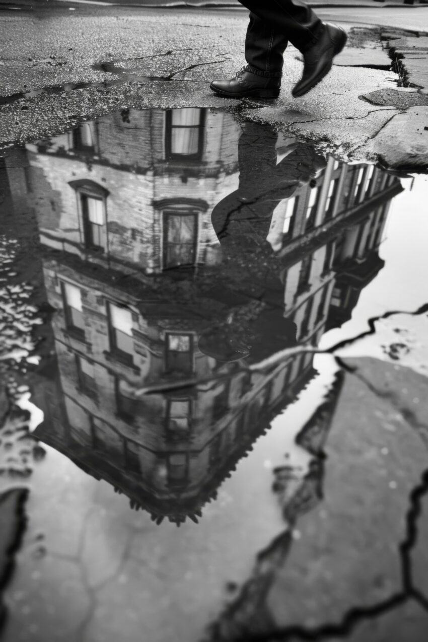 Fotografie Poster Reflektion Gebäude schwarzweiß Pfütze Stadt