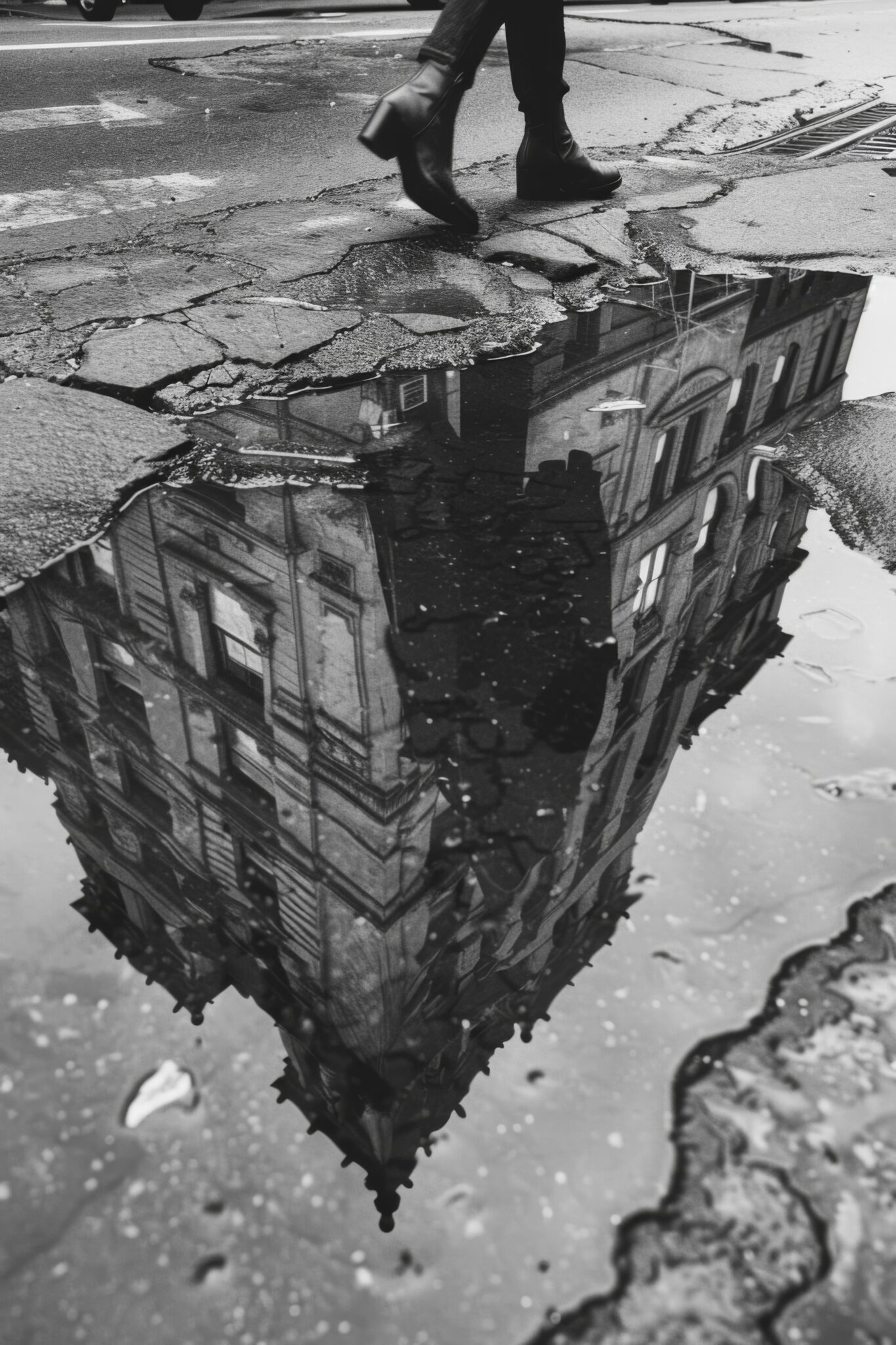 Fotografie Poster Pfütze Spiegelung Schwarz-Weiß urban
