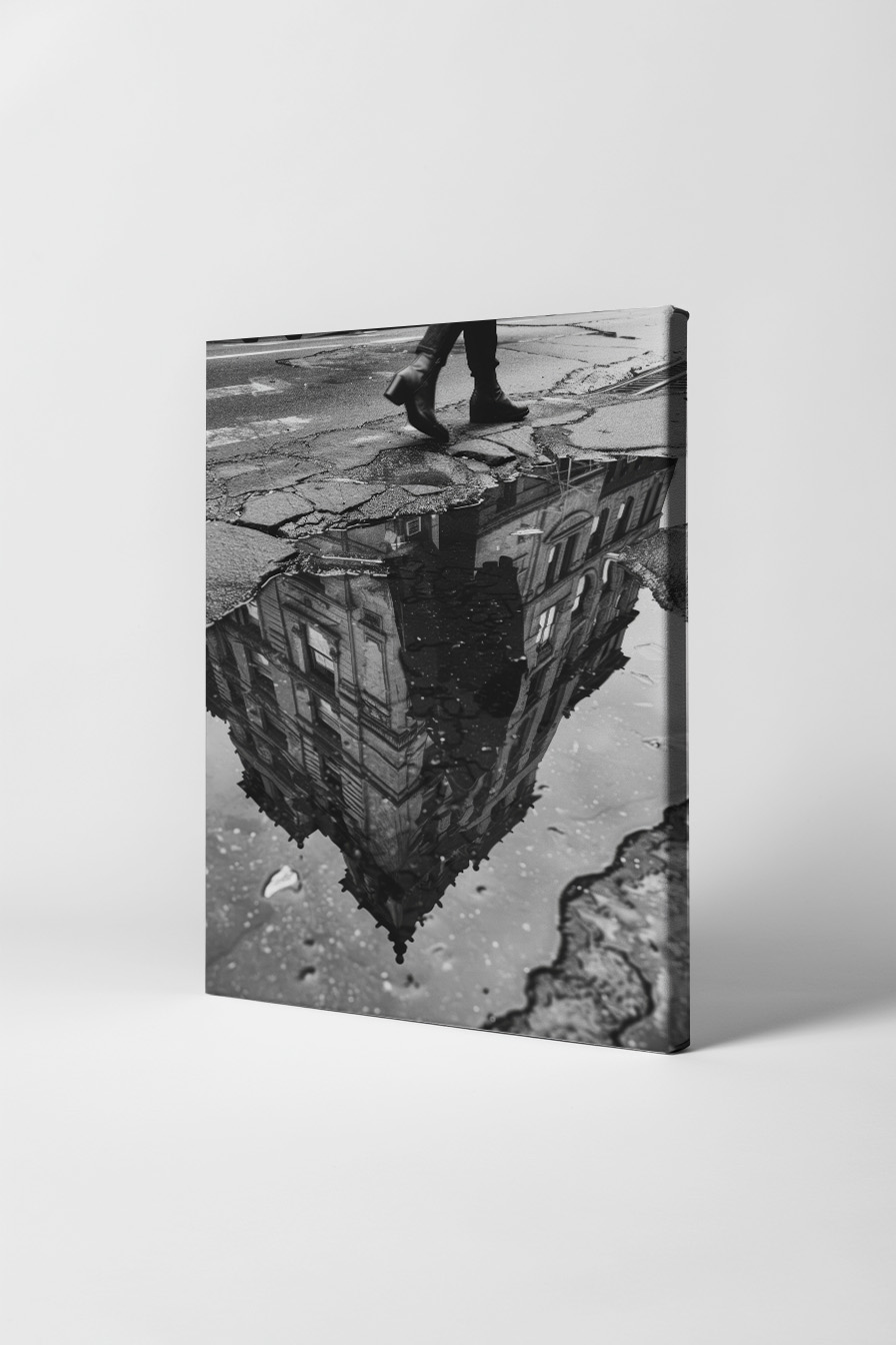 Fotografie Poster Pfütze Spiegelung Schwarz-Weiß urban