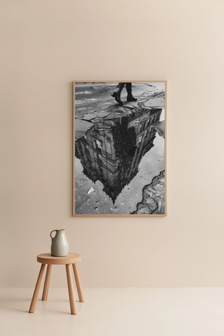 Fotografie Poster Pfütze Spiegelung Schwarz-Weiß urban
