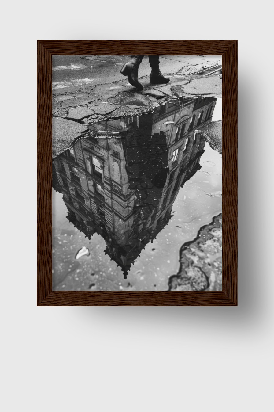 Fotografie Poster Pfütze Spiegelung Schwarz-Weiß urban