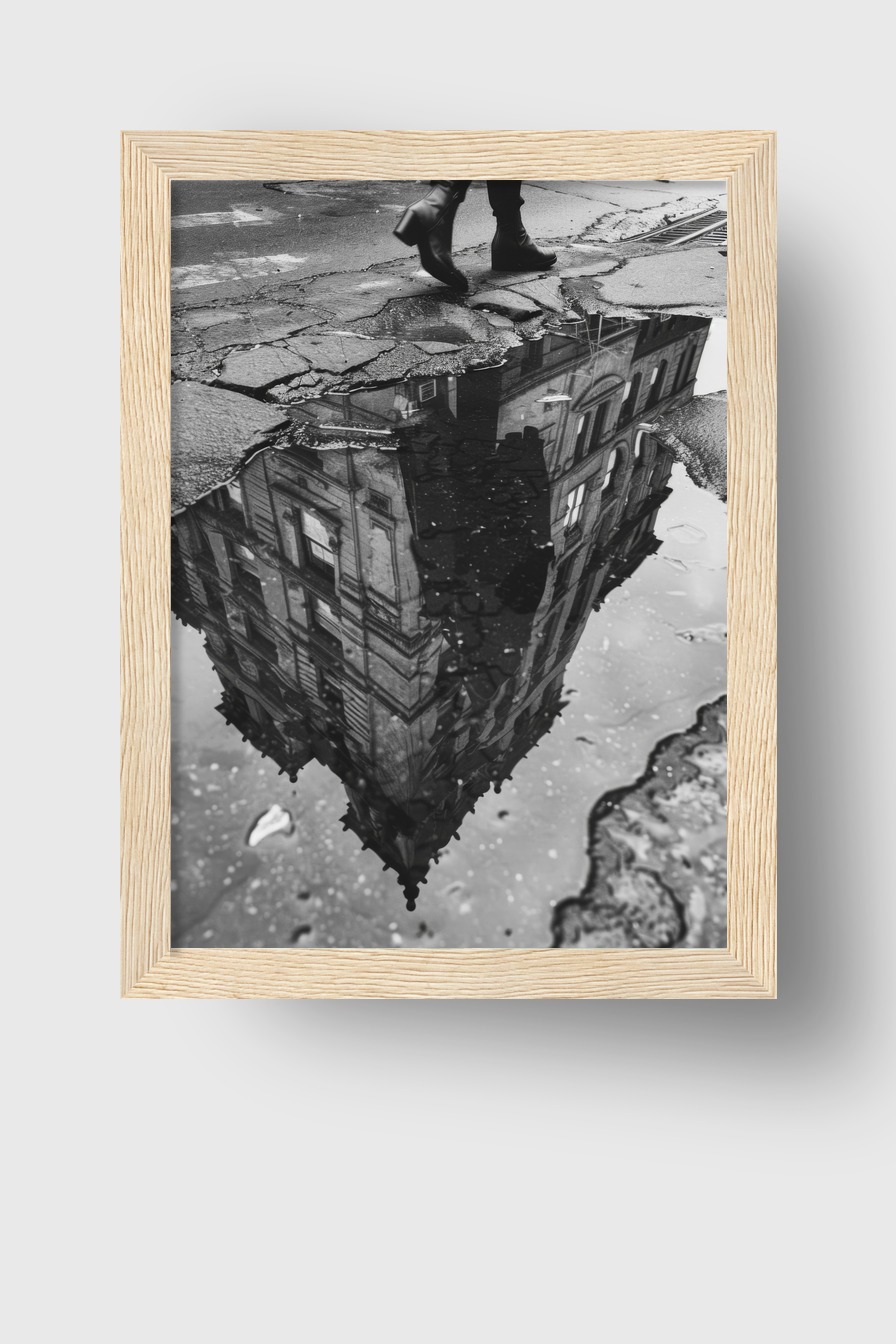 Fotografie Poster Pfütze Spiegelung Schwarz-Weiß urban