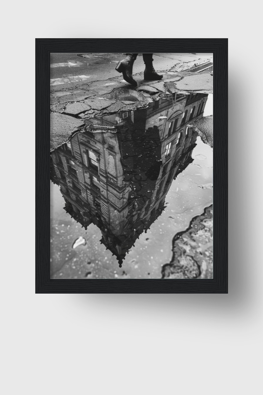 Fotografie Poster Pfütze Spiegelung Schwarz-Weiß urban