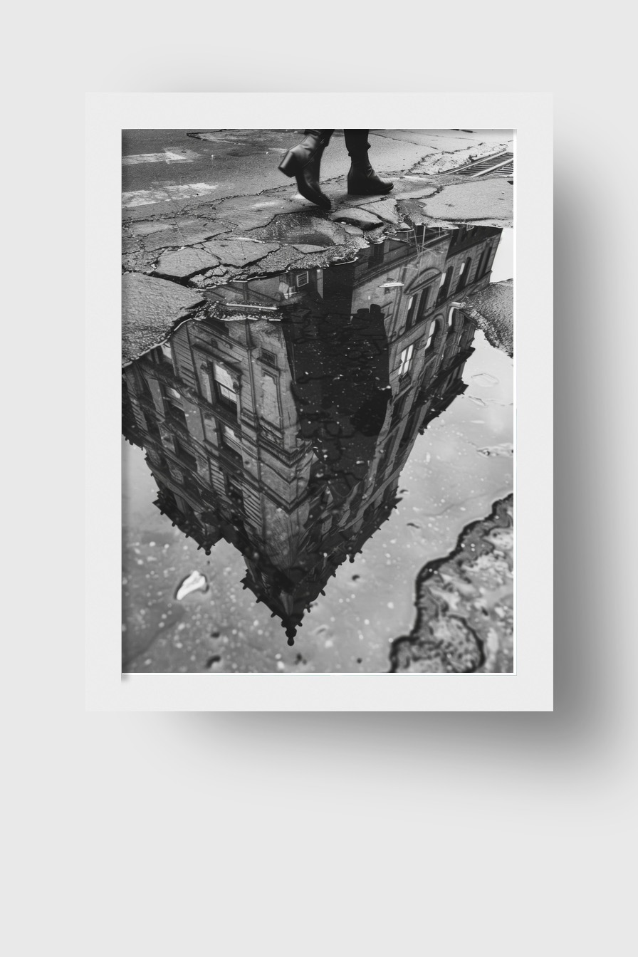 Fotografie Poster Pfütze Spiegelung Schwarz-Weiß urban