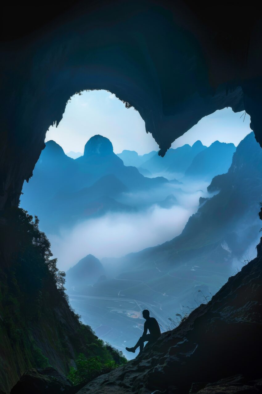 Fotografie Poster Höhle Silhouette Bergblick blau nebel