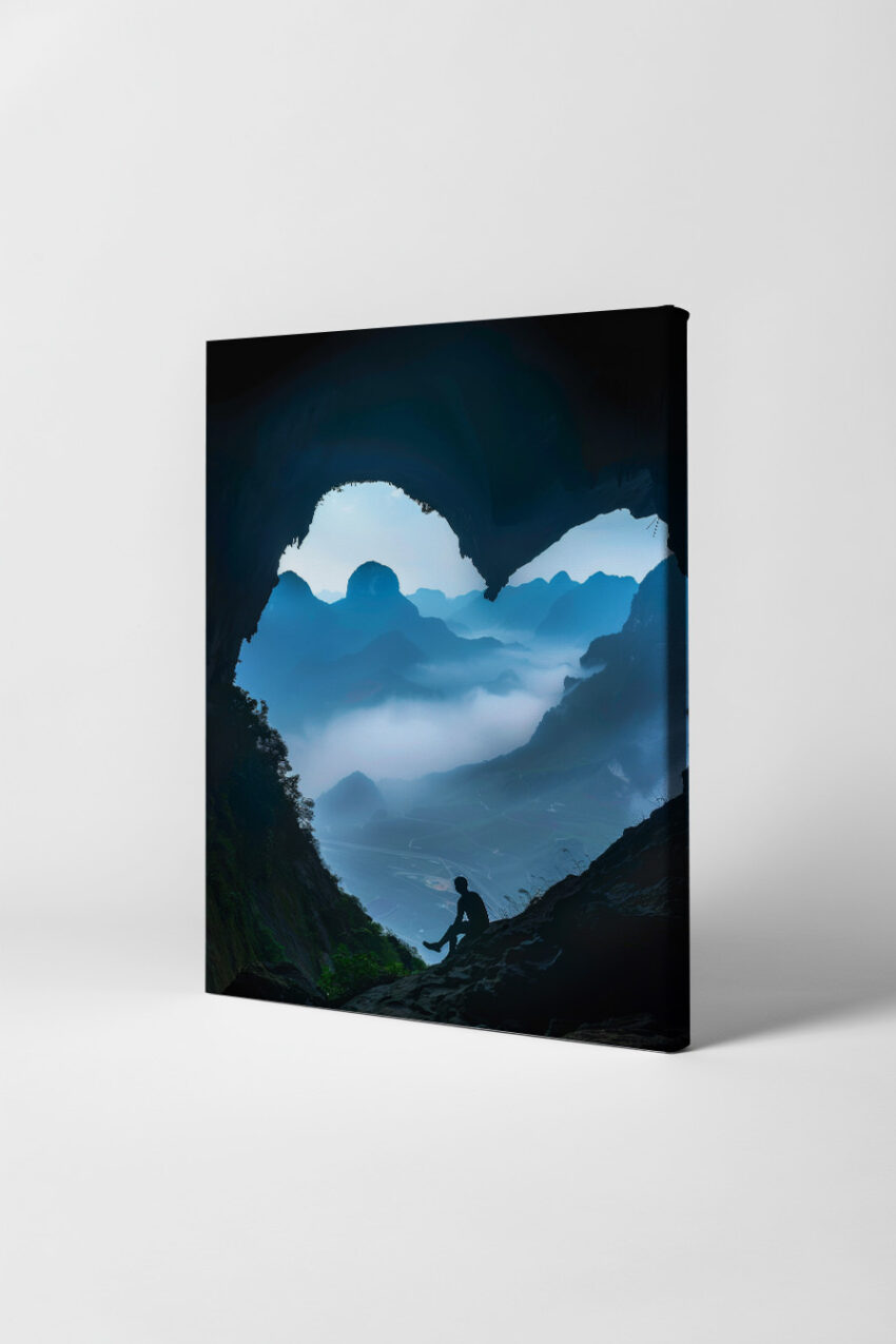 Fotografie Poster Höhle Silhouette Bergblick blau nebel